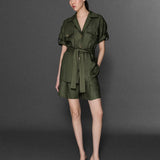 BELDEN SEYYAR KEMERLİ CEPLİ KISA KOLLU KETEN GÖMLEK CEKET HAKİ