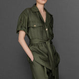 BELDEN SEYYAR KEMERLİ CEPLİ KISA KOLLU KETEN GÖMLEK CEKET HAKİ