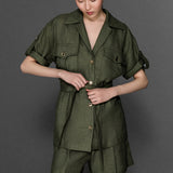 BELDEN SEYYAR KEMERLİ CEPLİ KISA KOLLU KETEN GÖMLEK CEKET HAKİ