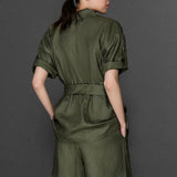 BELDEN SEYYAR KEMERLİ CEPLİ KISA KOLLU KETEN GÖMLEK CEKET HAKİ