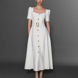 GOLD AKSESUAR DETAYLI MİDİ BOY TÜVİT ELBİSE EKRU