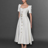 GOLD AKSESUAR DETAYLI MİDİ BOY TÜVİT ELBİSE EKRU