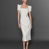 MOTİF İŞLEME DETAYLI BEDENE OTURAN MİDİ BOY ELBİSE EKRU