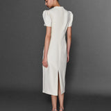 MOTİF İŞLEME DETAYLI BEDENE OTURAN MİDİ BOY ELBİSE EKRU