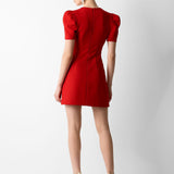 KISA KARPUZ KOLLU V YAKALI TAŞ İŞLEMELİ MİNİ KREP ELBİSE KIRMIZI