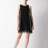 TAŞ ŞERİT AKSESUARLI ETEKTE TÜY DETAYLI MİNİ KREP ELBİSE SİYAH