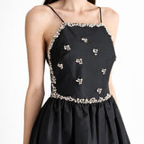 İŞLEME DETAYLI MİDİ BOY TAFTA ELBİSE SİYAH