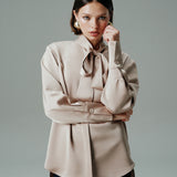 FULAR YAKA BAĞLAMALI UZUN KOLLU SATEN GÖMLEK BEJ