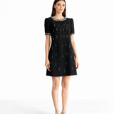 BİSİKLET YAKALI KISA KOLLU TAŞ İŞLEMELİ KISA KREP ELBİSE SİYAH