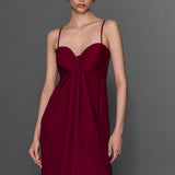 İNCE ASKILI GÖĞÜSTEN PİLİ DRAPELİ UZUN ŞİFON ELBİSE BORDO