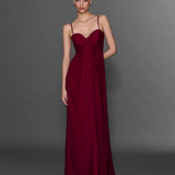 İNCE ASKILI GÖĞÜSTEN PİLİ DRAPELİ UZUN ŞİFON ELBİSE BORDO