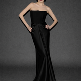 STRAPLEZ KUPLU BELE OTURAN KREP KUMAŞTAN GEPİYERLİ ETEĞİ SATEN ŞİFON UZUN ELBİSE SİYAH