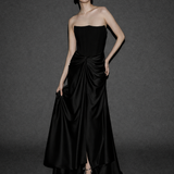 STRAPLEZ KUPLU BELE OTURAN KREP KUMAŞTAN GEPİYERLİ ETEĞİ SATEN ŞİFON UZUN ELBİSE SİYAH