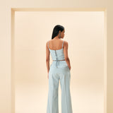 YÜKSEL BEL BOL KESİM ÜTÜ ÇİZGİLİ COTTON  PANTOLON MAVİ
