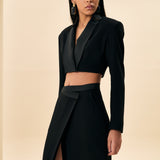 SATEN YAKA DETAYLI CROP CEKET SİYAH